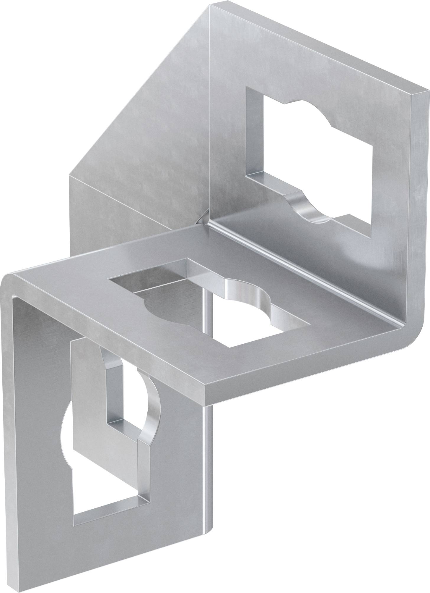 Silbermetall-Winkelhalter mit Ausschnitten, dargestellt in einer 3D-Produktansicht auf weißem Hintergrund.