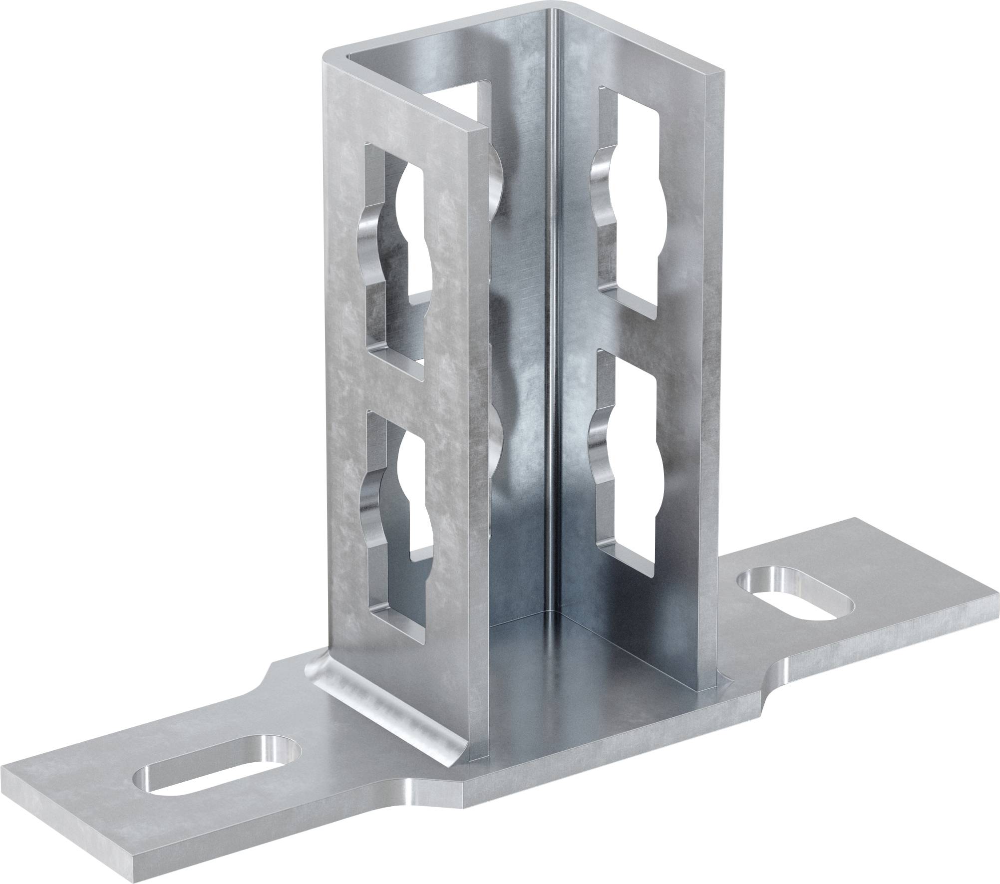 Metallklammerverbinder mit einem zentralen vertikalen Pfosten und zwei flachen geschlitzten Grundplatten, dargestellt in einer produkttypischen Darstellung auf weißem Hintergrund.