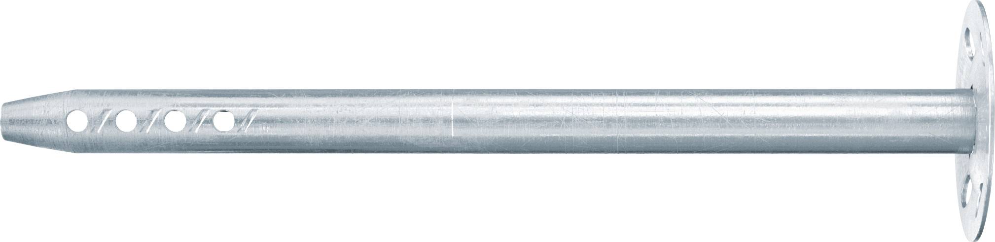 Metallwandhalter oder Stützarm mit einer perforierten flachen Montageplatte an einem Ende und einem runden geschlossenen Ende am anderen Ende, dargestellt auf weißem Hintergrund.
