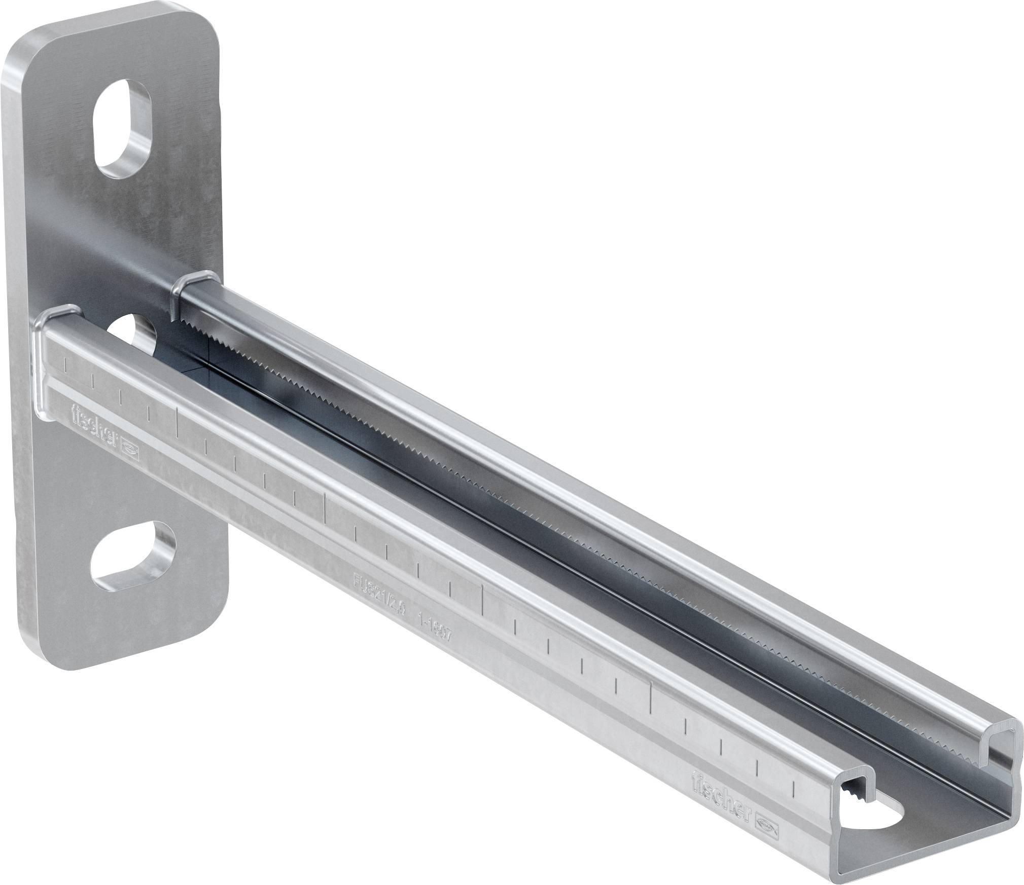 Metallische wandmontierte lineare Schiene oder Schienenbefestigung mit einer perforierten vertikalen Platte und langem Schlitzkanal, dargestellt auf weißem Hintergrund.
