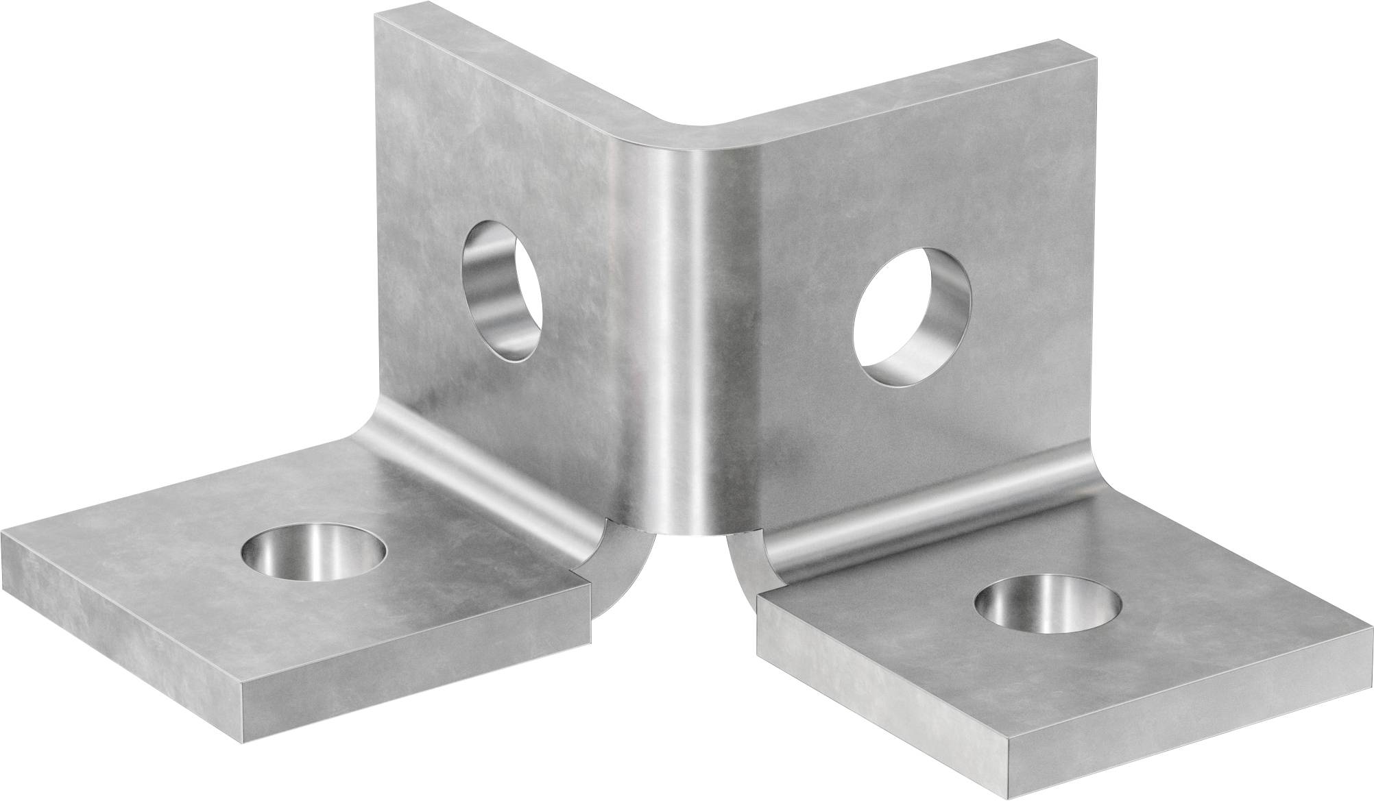 Silbernes Metalleckbefestigung mit vier Befestigungslöchern, 3D-Darstellung auf weißem Hintergrund.