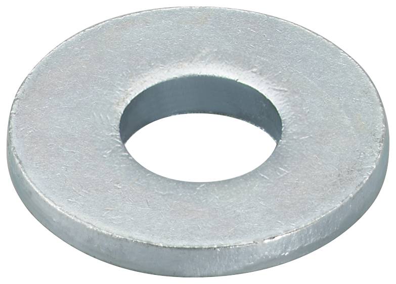 Eine silberne Metallunterlegscheibe mit einem zentrierten Loch, isoliert auf weißem Hintergrund gezeigt.