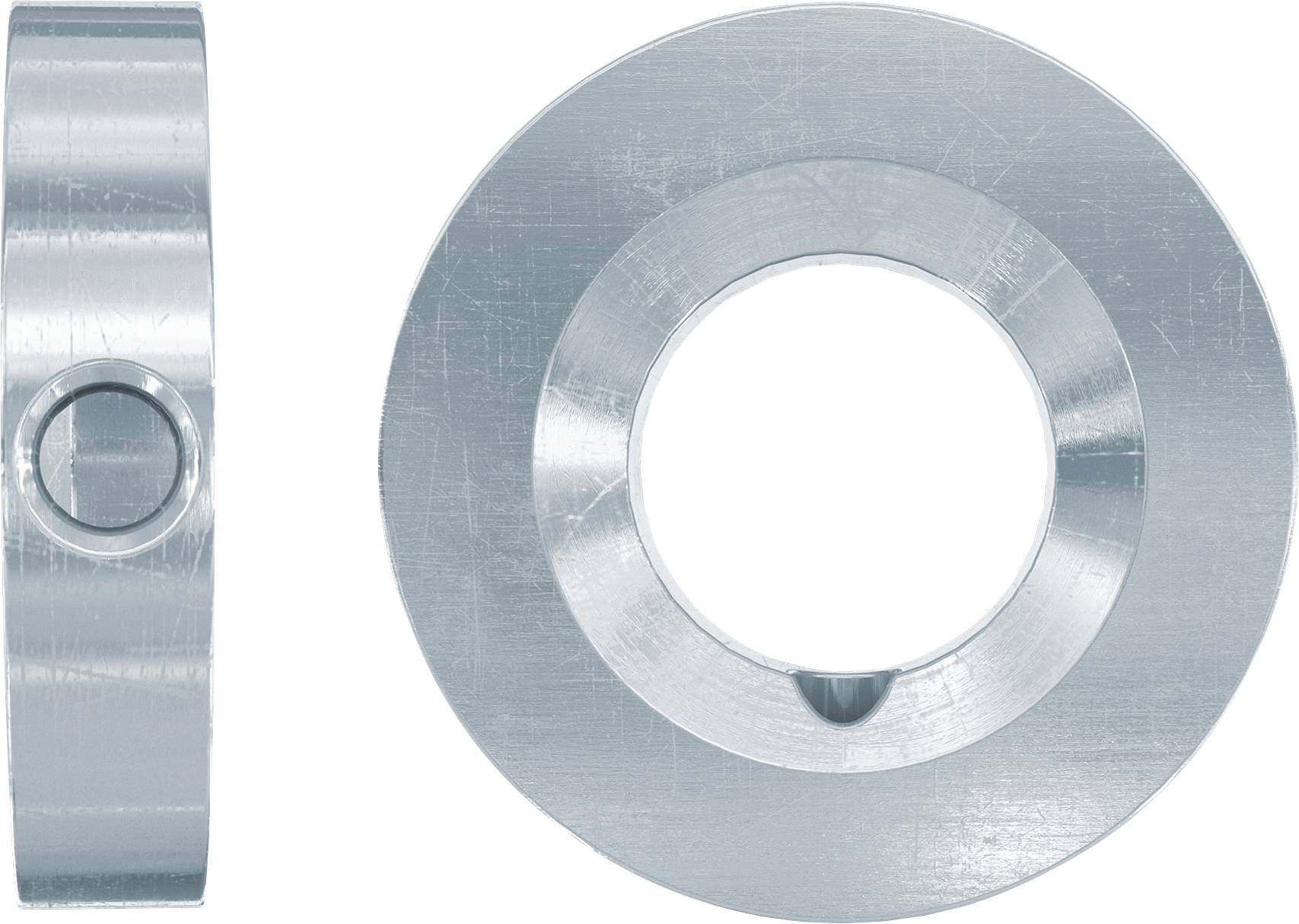 Metallscheibe in Seiten- und Vorderansicht dargestellt, mit einer kleinen erhabenen Nase auf einer Seite, isoliert auf weißem Hintergrund.