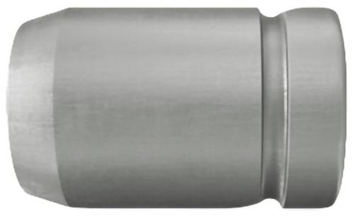 Eine graue Metallkugel in Zylinderform, in der Seitenansicht auf einem einfachen weißen Hintergrund gezeigt.