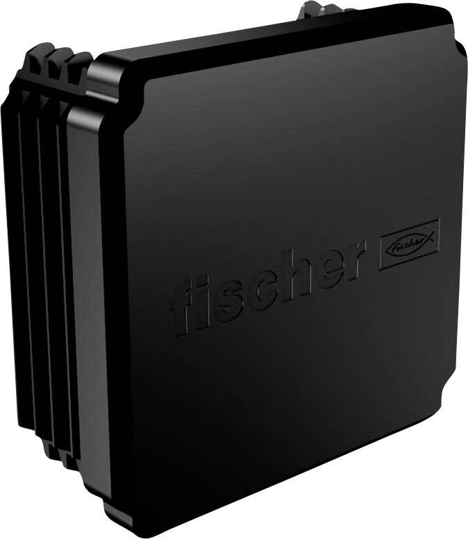 Schwarzes rechteckiges elektronisches Gehäuse mit gerippten Seitenlüftungsflossen, in 3D auf weißem Hintergrund dargestellt.