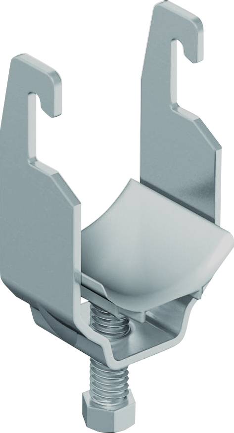 Nahaufnahme einer Metallmontageklammer mit zwei aufrechten Zinken, einer gekrümmten Obereinsatz und einer Gewindeschraube am unteren Ende.