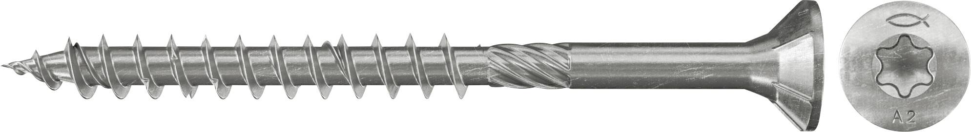 Nahaufnahme einer horizontalen Torx-Kopfschraube/Bolzen aus Metall auf weißem Hintergrund.