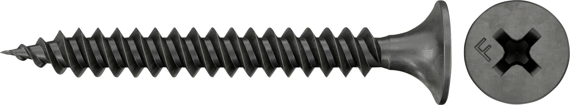 Schwarze Phillips-Schraube in Seitenansicht mit separater Nahaufnahme des Schraubenkopfes auf weißem Hintergrund.