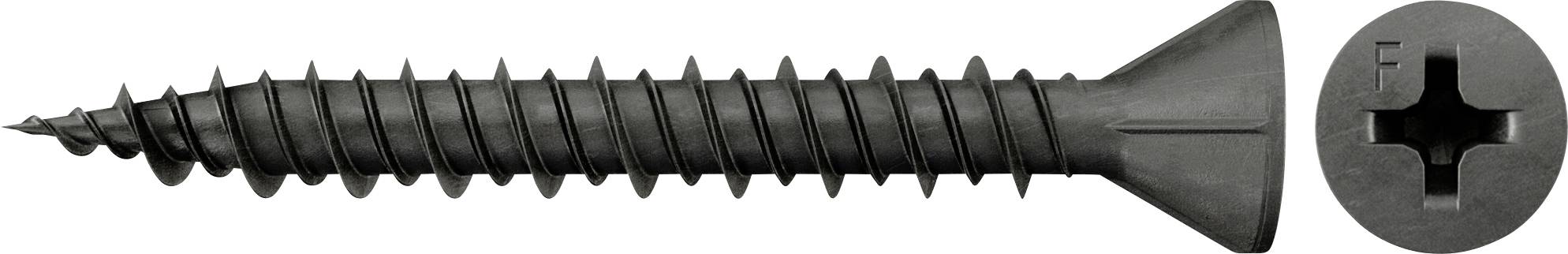Schwarze Trockenbauschraube in Seitenansicht mit Phillips-Kopf-Detail, plus eine Nahaufnahme des Schraubenkopfs auf der rechten Seite.