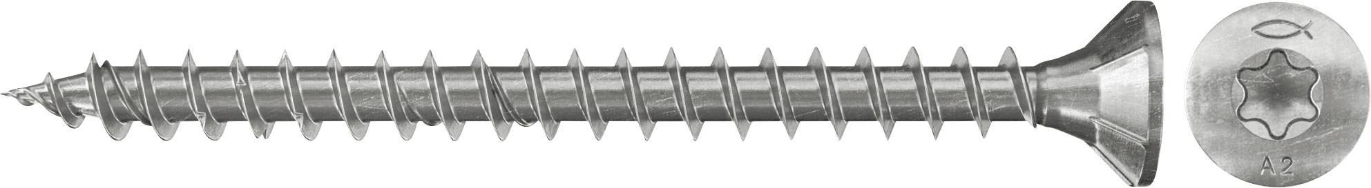 Zwei Metallschrauben: eine lange silberfarbene Schraube mit Senkkopf und eine Nahaufnahme ihres Torx-Antriebskopfes.