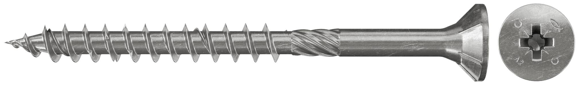 Eine lange Metallschraube mit Schlitzantrieb, horizontal dargestellt, plus eine Nahaufnahme des Schraubenkopfendes.