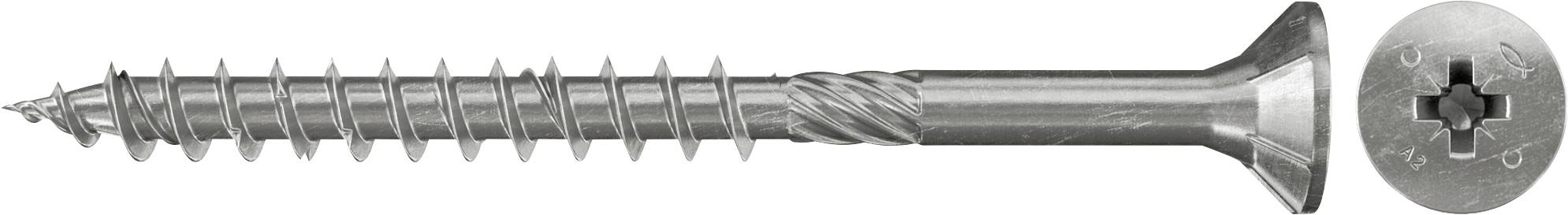 Metallholzschraube in Seitenansicht mit versenktem Flachkopf und Nahaufnahme der Phillips-Kreuznut auf der rechten Seite.