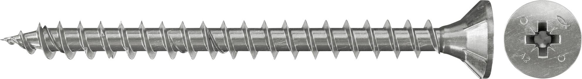 Eine Metallschraube mit Flachkopf, horizontal dargestellt, mit einer Nahaufnahme ihres Phillips-Kreuzschlitz-Kopfes auf der rechten Seite.