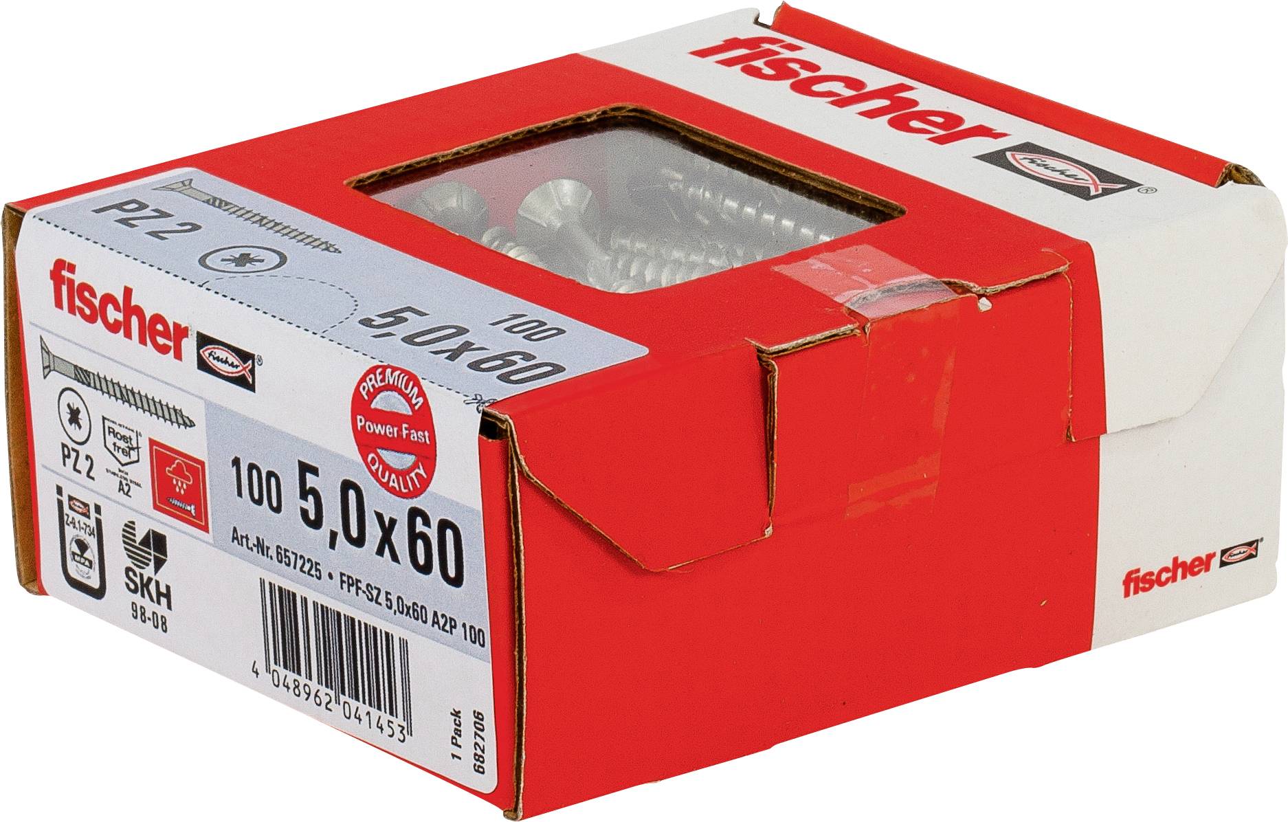 Eine rote und weiße Fischer-Box mit Dübeln, gekennzeichnet mit „100 5,0 x 60