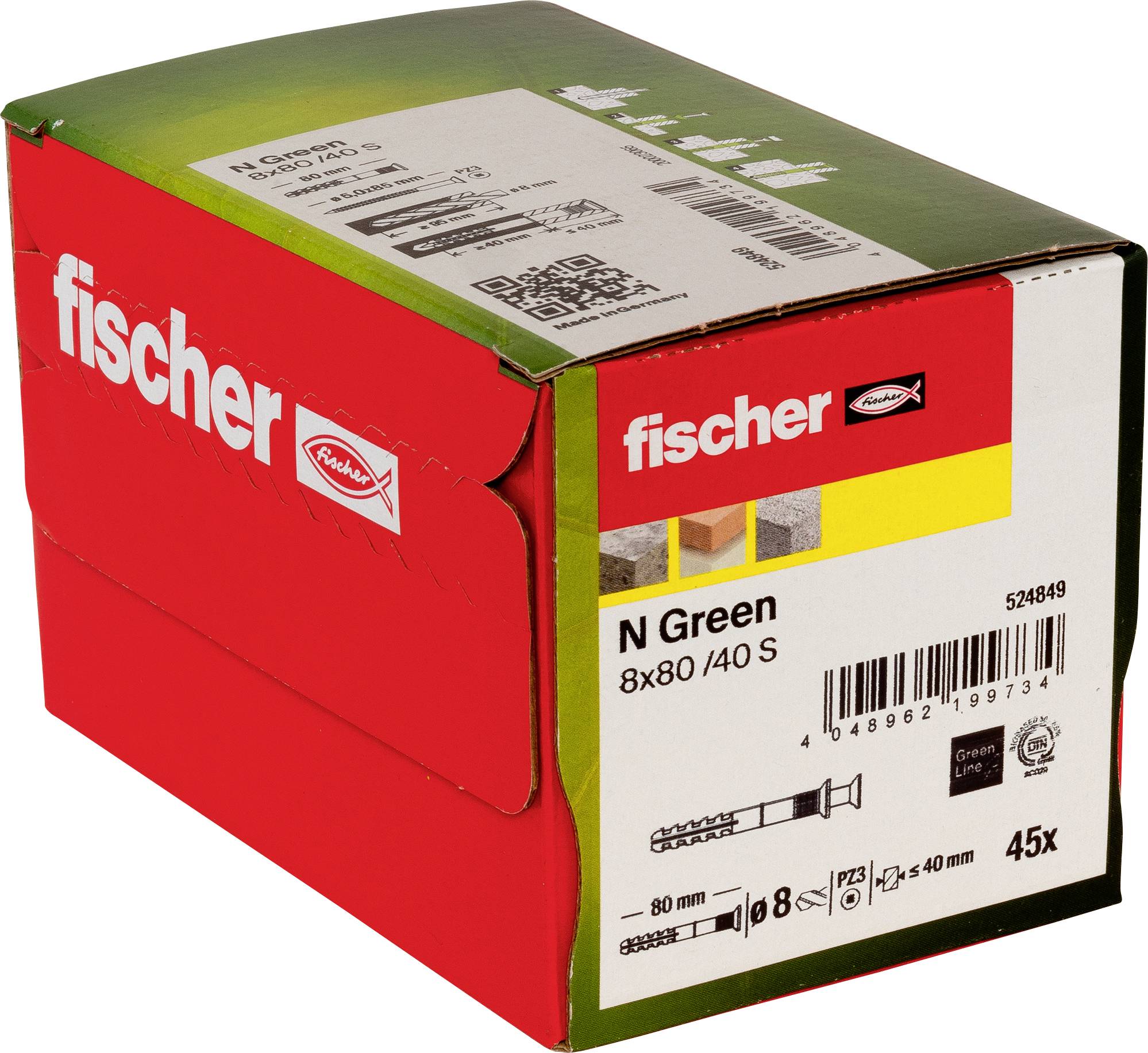 Fischer N Grüne Box mit 45 Dübeln, gekennzeichnet 8x80/40 S, abgebildet auf der Produktverpackung.