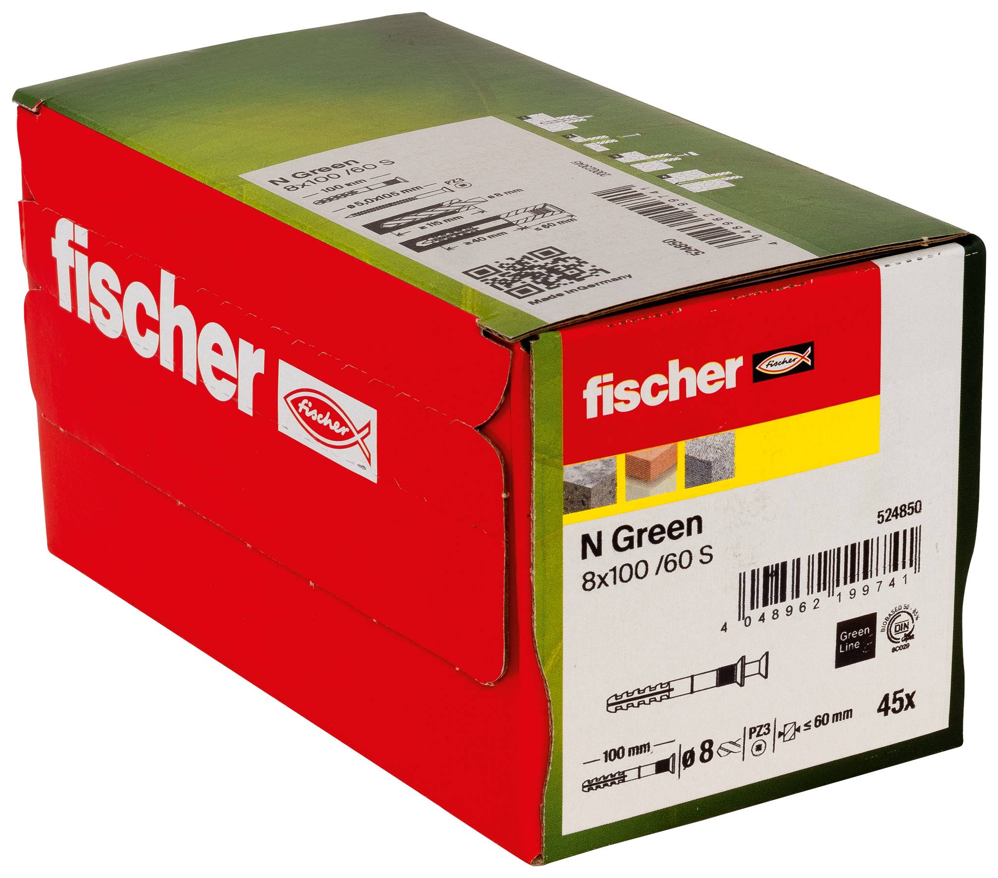Fischer N Green Box mit 45 Dübeln, gekennzeichnet mit 8x100/60 S, in rot-grüner Verpackung gezeigt.