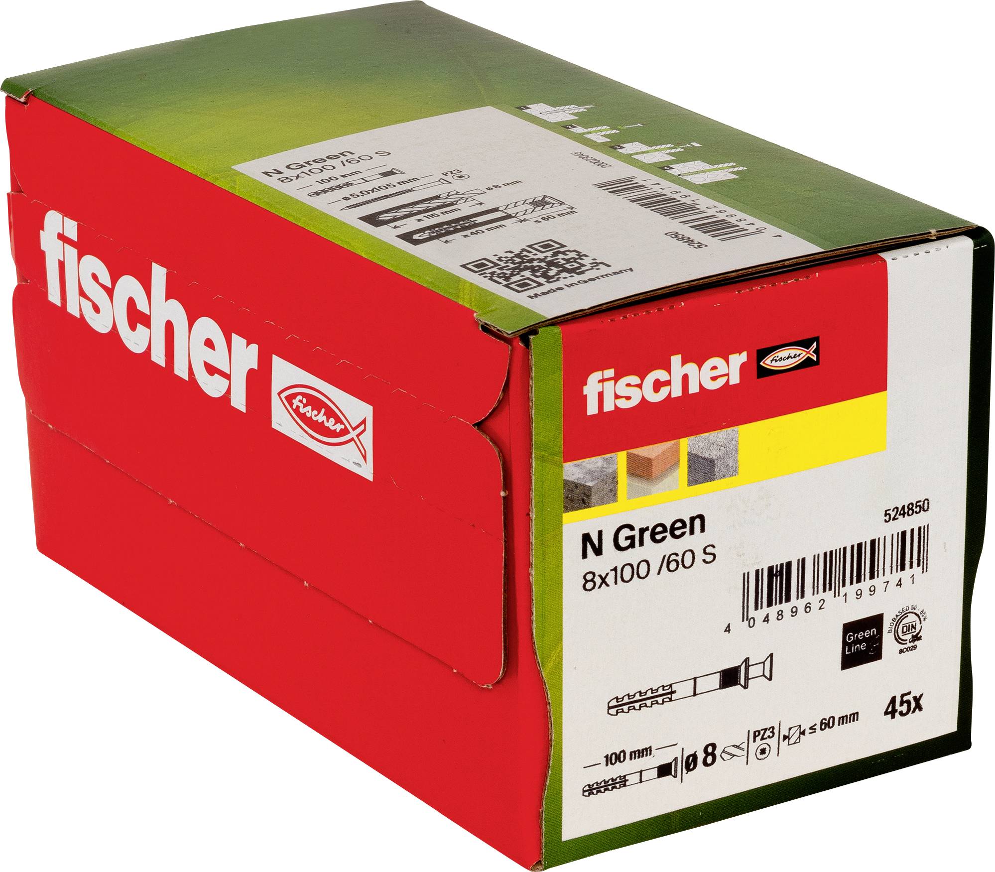 Eine rote und grüne Fischer-Produktverpackung mit der Bezeichnung „N Green 8x100/60 S