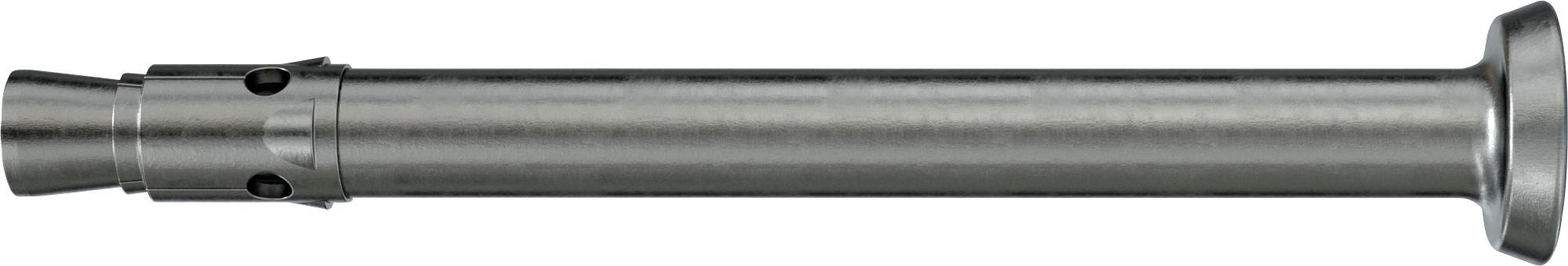 Ein silbernes Metallwerkzeug oder Rohr mit zylindrischer Form, ausgestelltem Ende und schlitzförmigen Öffnungen in der Nähe der linken Seite, dargestellt auf weißem Hintergrund.