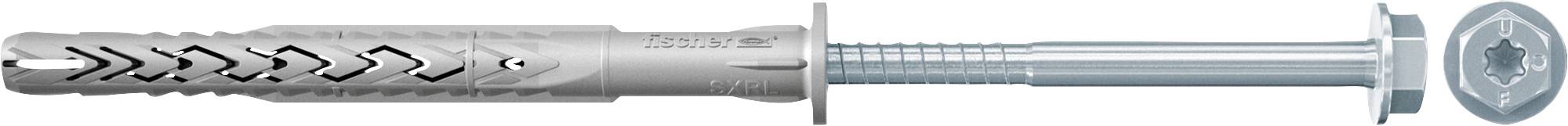 Metallschraube mit Sechskantköpfchen und langem Gewellschaft, dargestellt mit Seitenansicht und separater Draufsicht des Kopfes.