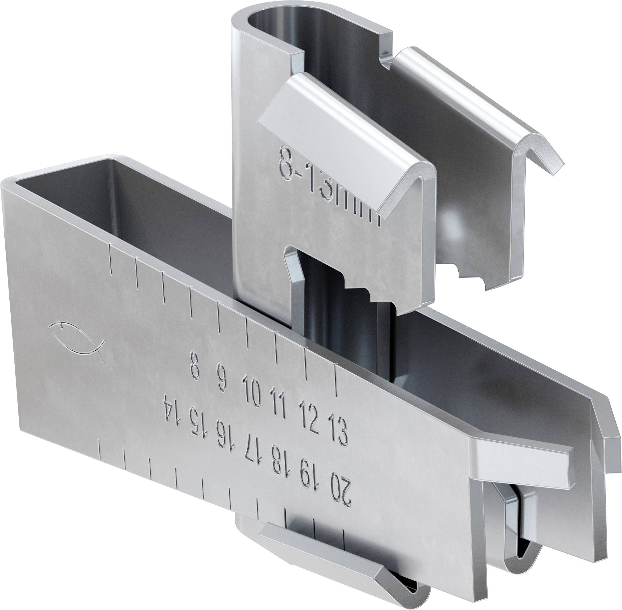 Metallklammer-Lehre für 8-13 mm Material, dargestellt mit verstellbaren Spannbacken und Messskalen.