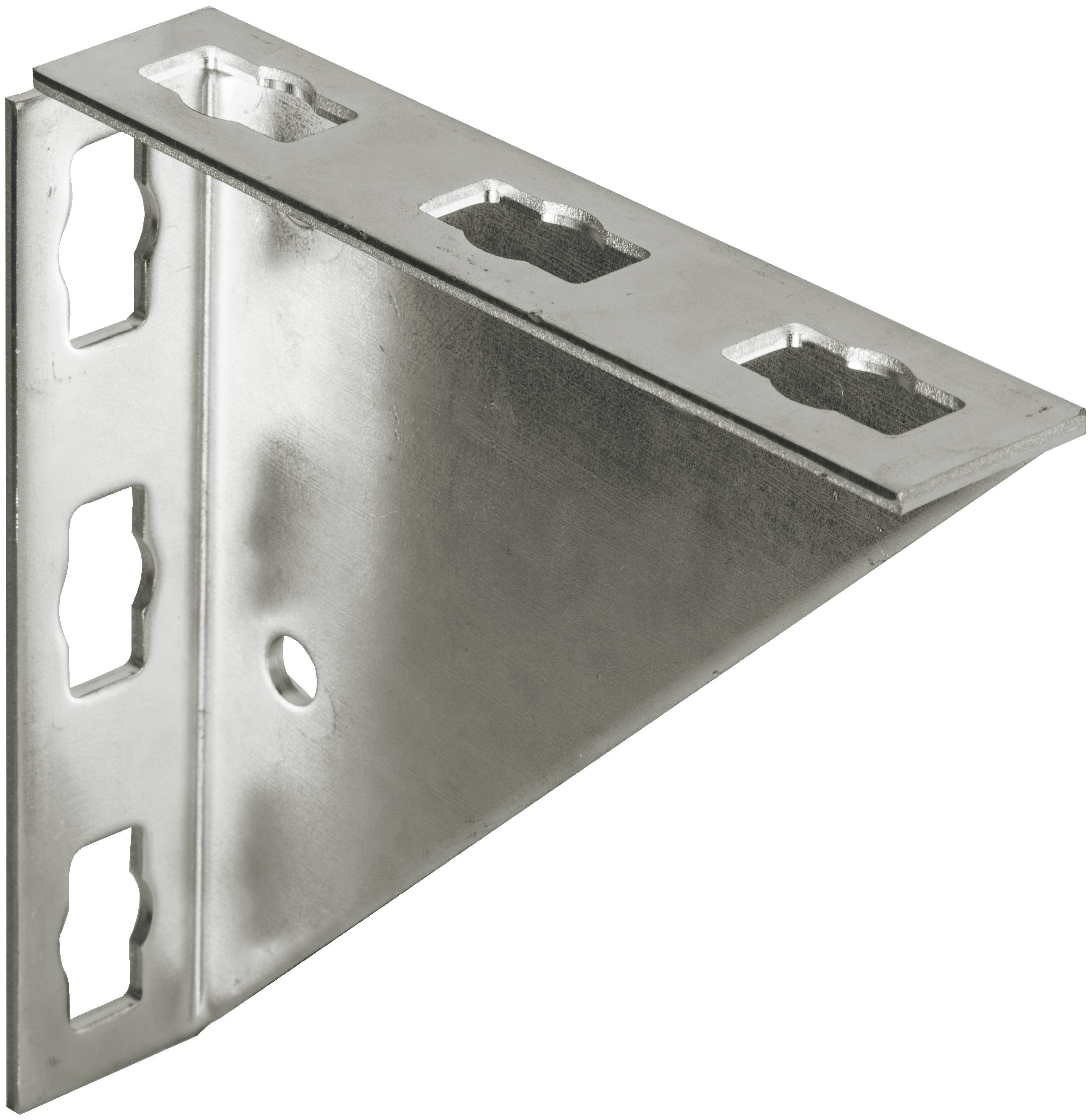 Metallisches dreieckiges Regalwinkel mit Schlitzlöchern zur Wandbefestigung und oberen Löchern zur Regalbefestigung.