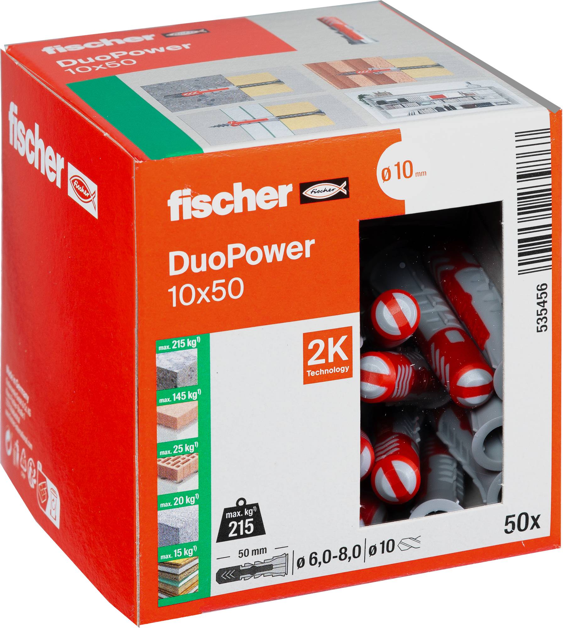 Rote und orange Box von Fischer DuoPower 10x50 Dübeln, mit Bildern von Steckeranwendungen und Gewichtskapazitätsdetails auf der Seite.