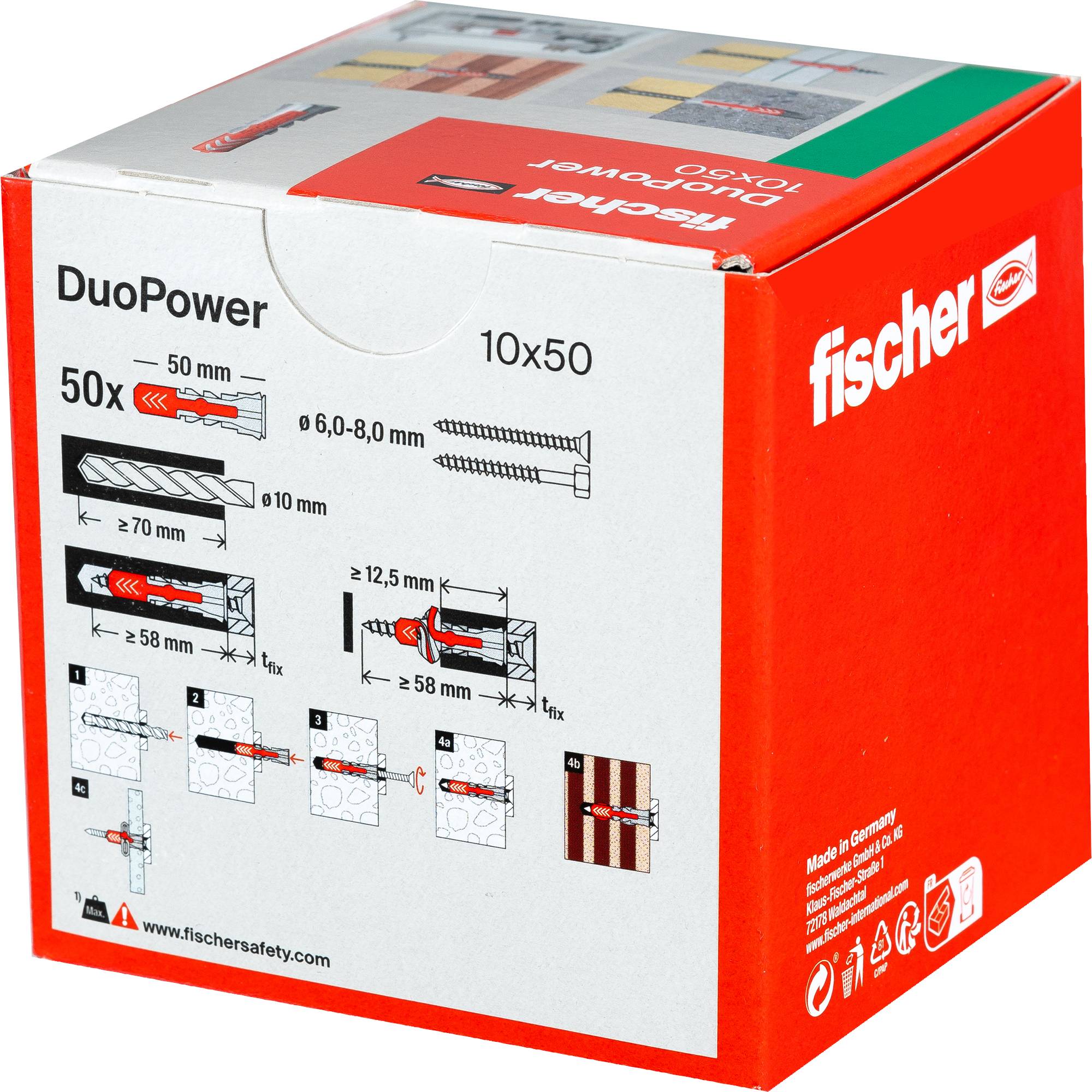 Eine rote Schachtel Fischer DuoPower Dübel, Größe 10x50mm, mit Installationsanleitung und Produktbildern.