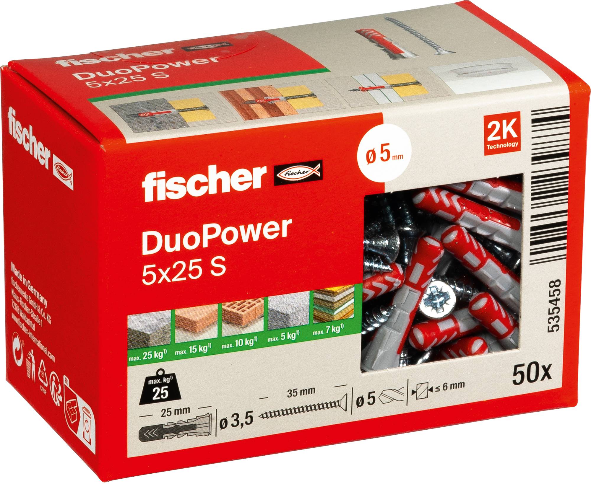 Das Bild zeigt eine Packung Fischer DuoPower Dübel, Größe 5x25 mm, geeignet für verschiedene Wandmaterialien, mit 50 Stück Inhalt.