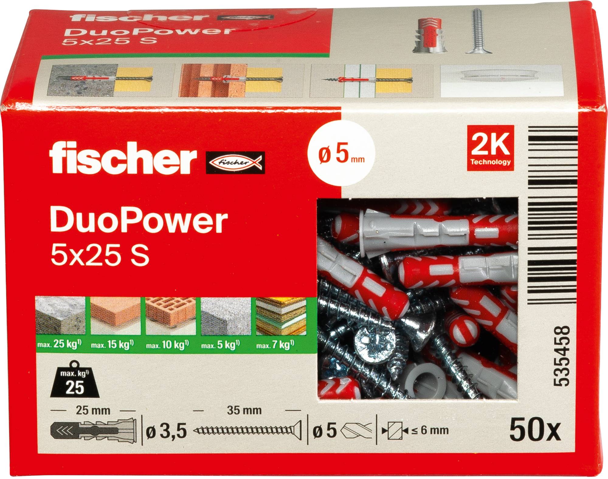Karton Fischer DuoPower 5x25 S Dübel, 50 Stück. Zeigt die Verwendung auf verschiedenen Materialien, Tragfähigkeit bis zu 35 kg.