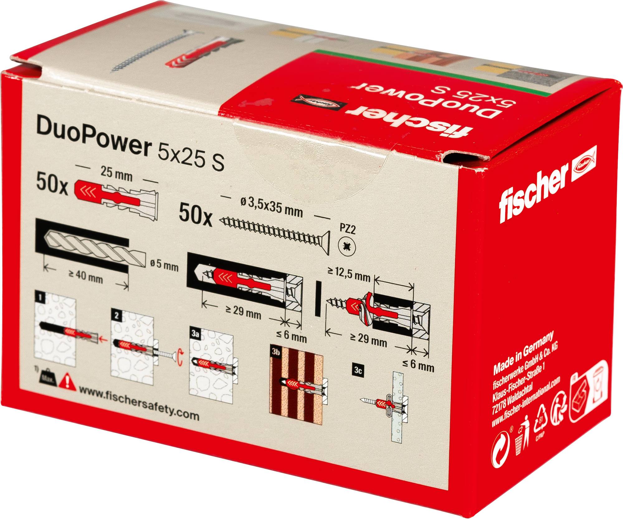 Rote Schachtel mit Fischer DuoPower 5x25 S Wanddübeln, zeigt Inhalt und Installationsschritte mit Illustrationen und Textdetails.