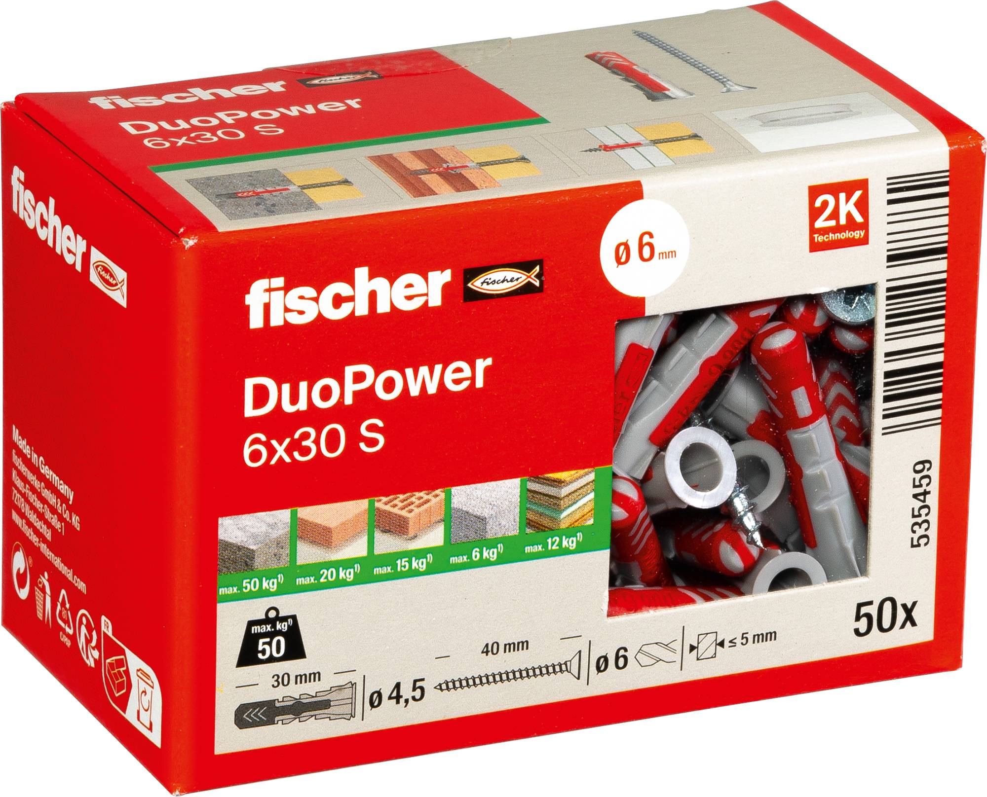 Ein Karton mit der Bezeichnung „fischer DuoPower 6x30 S