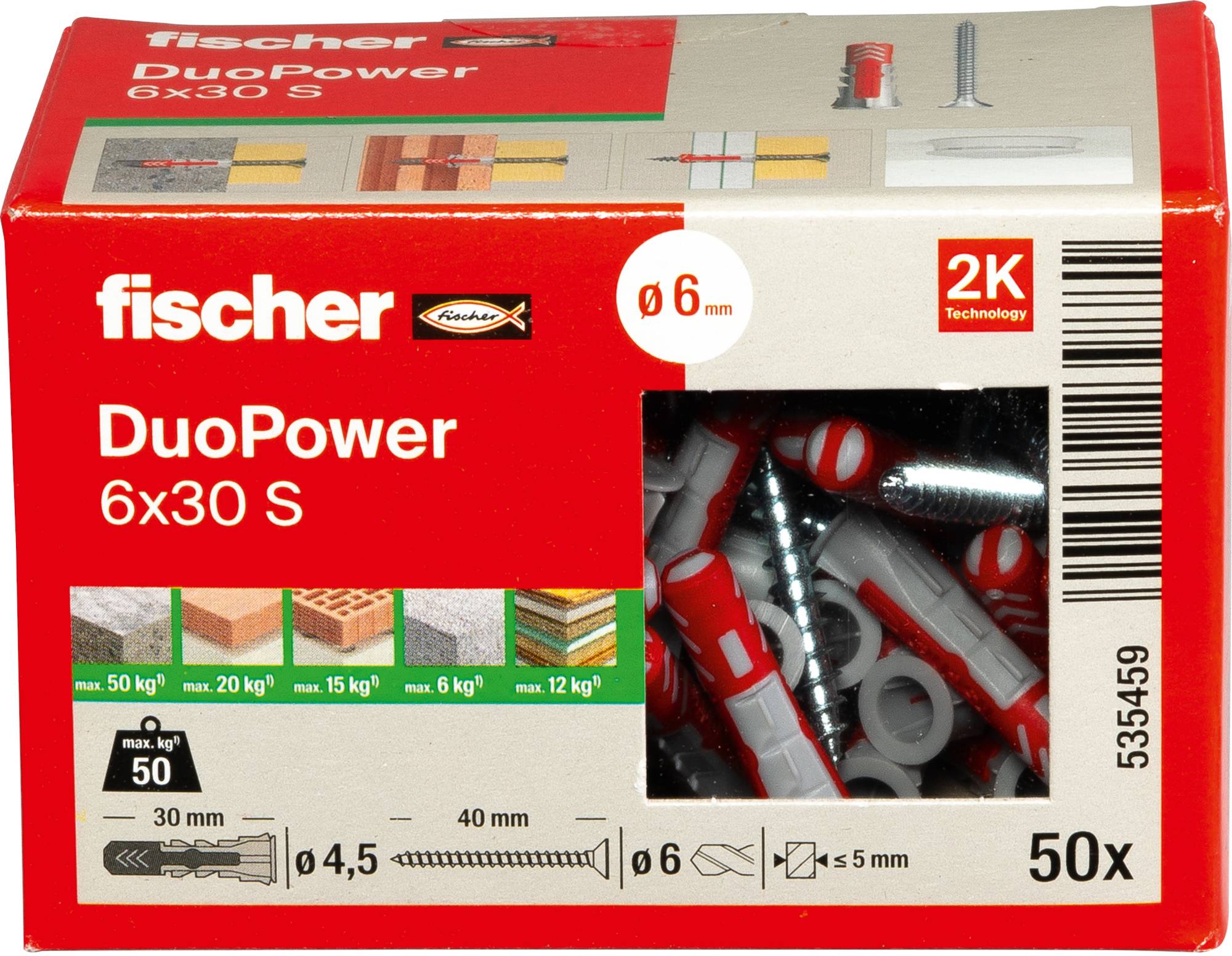 Fischer DuoPower 6x30mm Dübel, Packung mit 50 Stück. Geeignet zur Verwendung in Beton, Ziegelstein, Stein und ähnlichen Materialien.