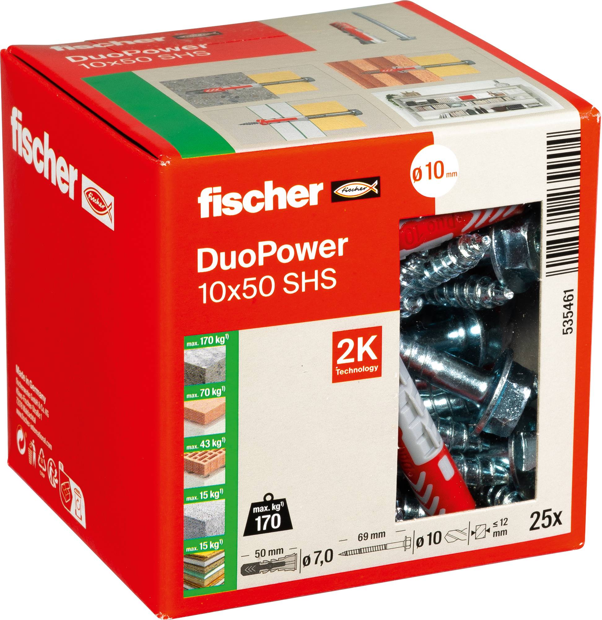'Fischer DuoPower 10x50 SHS' rote und orange Schachtel mit Schrauben und Dübeln, beschriftet mit Tragfähigkeitsangaben und technischen Spezifikationen.