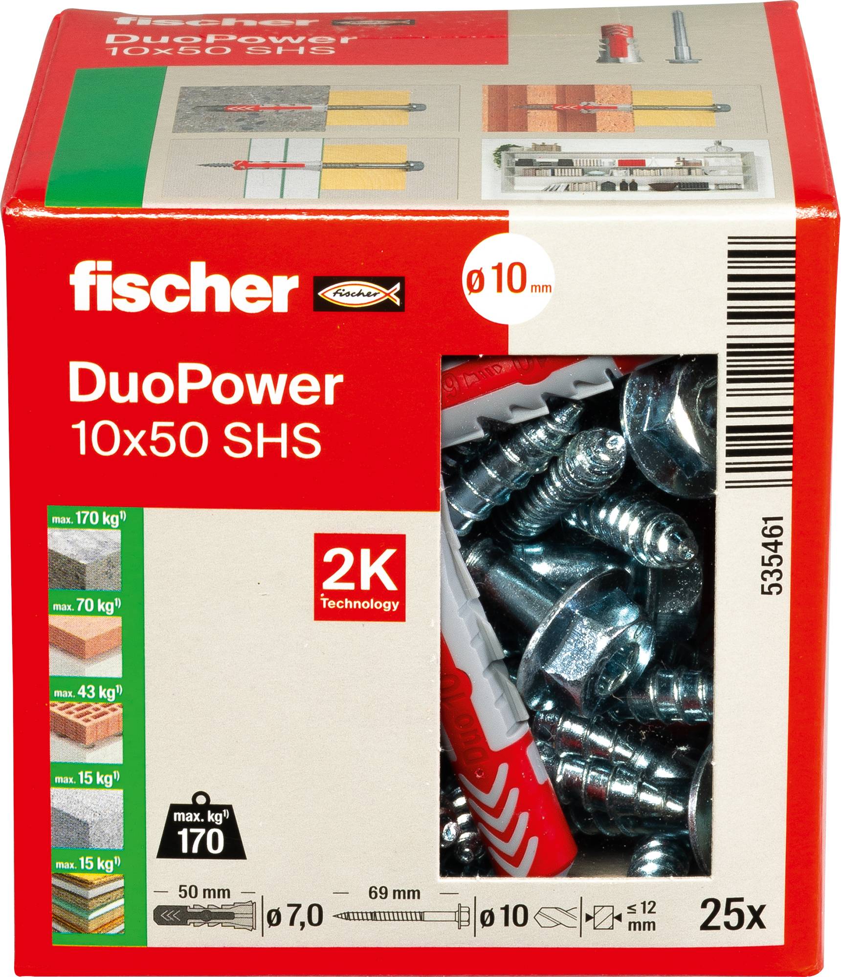 Eine Schachtel Fischer DuoPower 10x50 SHS mit 25 Stück. Die Verpackung zeigt Tragfähigkeiten auf verschiedenen Materialien und ein Bohrer-Symbol.