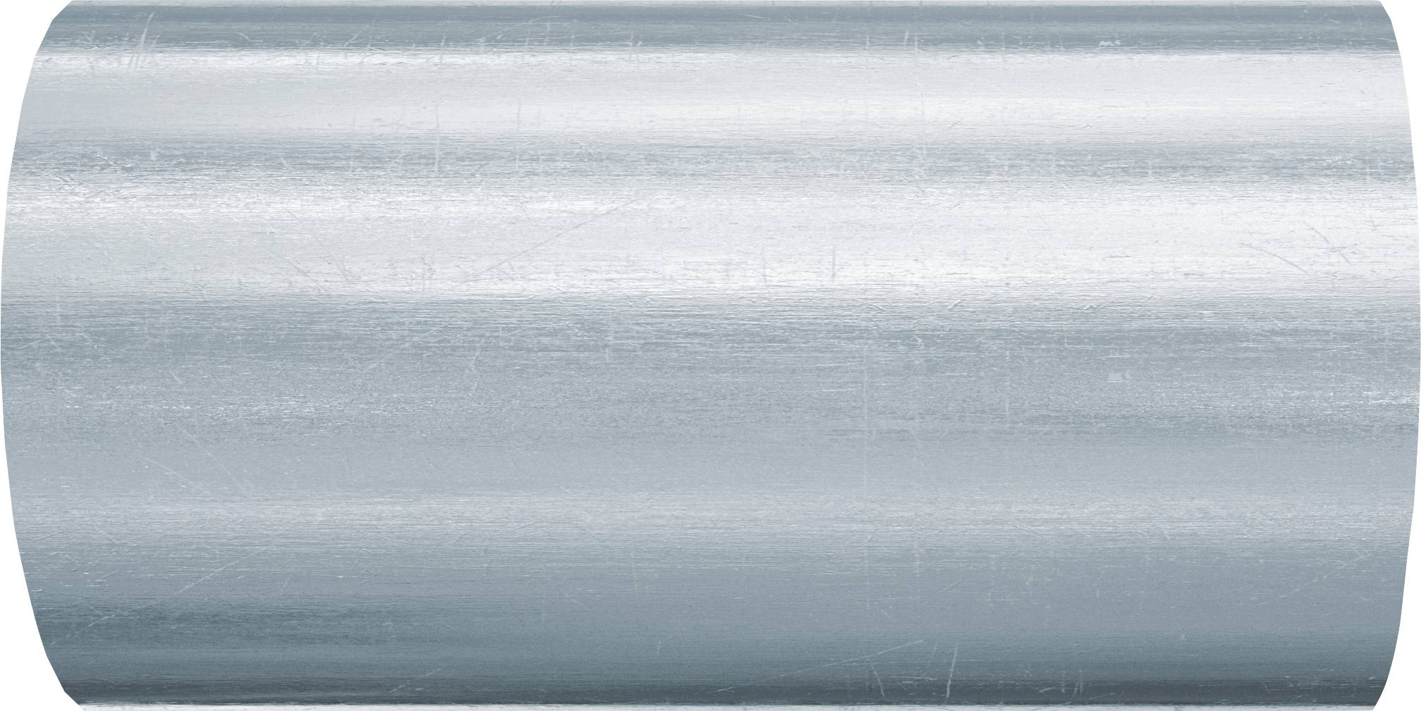 Ein zylindrisches, metallisches Silberrohr oder Schlauch, horizontal vor weißem Hintergrund dargestellt.