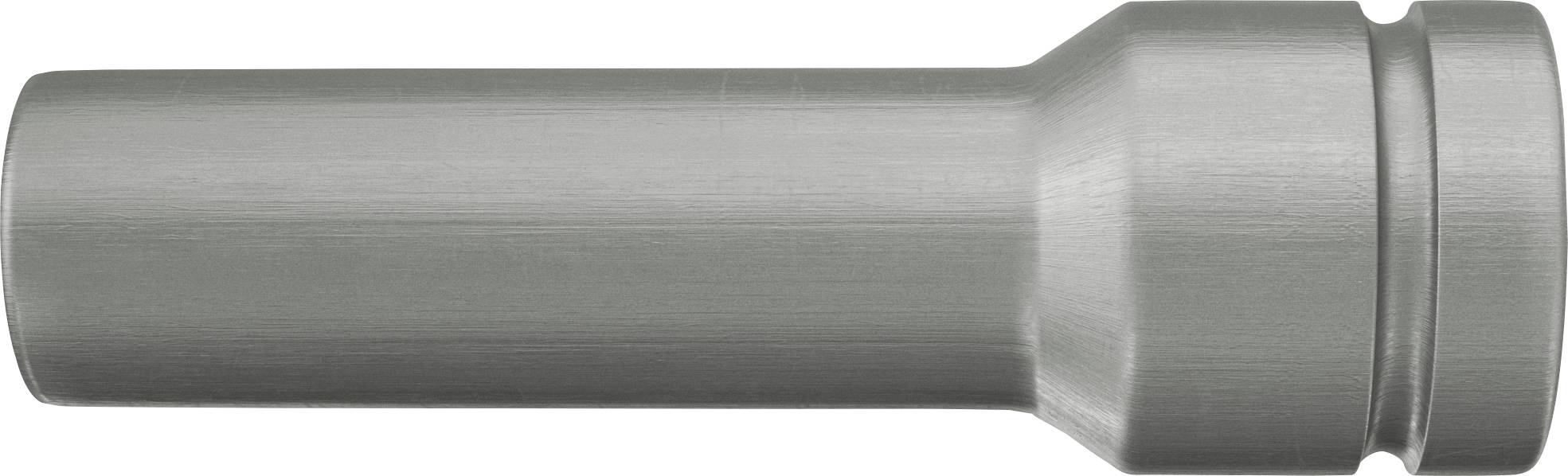 Metallisches zylindrisches Rohr oder Düsennippel mit einer breiteren Borde auf der rechten Seite, dargestellt vor weißem Hintergrund.
