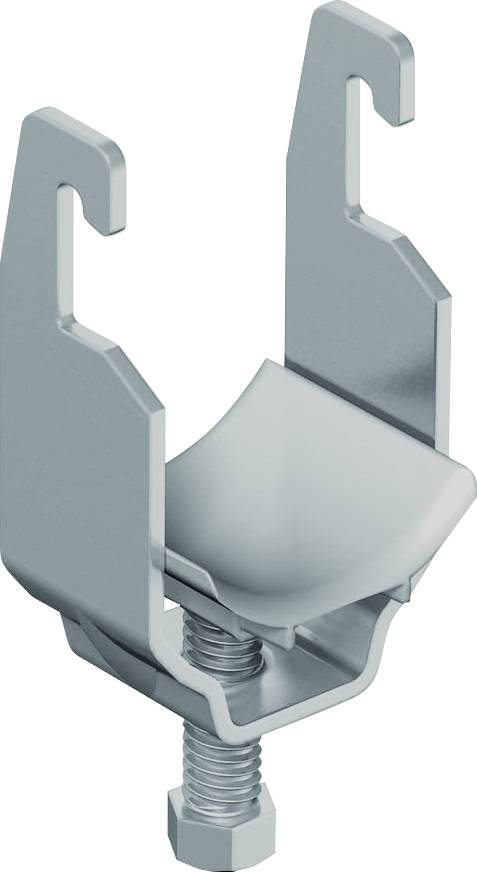 Metallrohrschelle mit zwei aufrechten Haken und einer Gewindeschraube darunter, dargestellt in einer produktstilisierten Illustration.