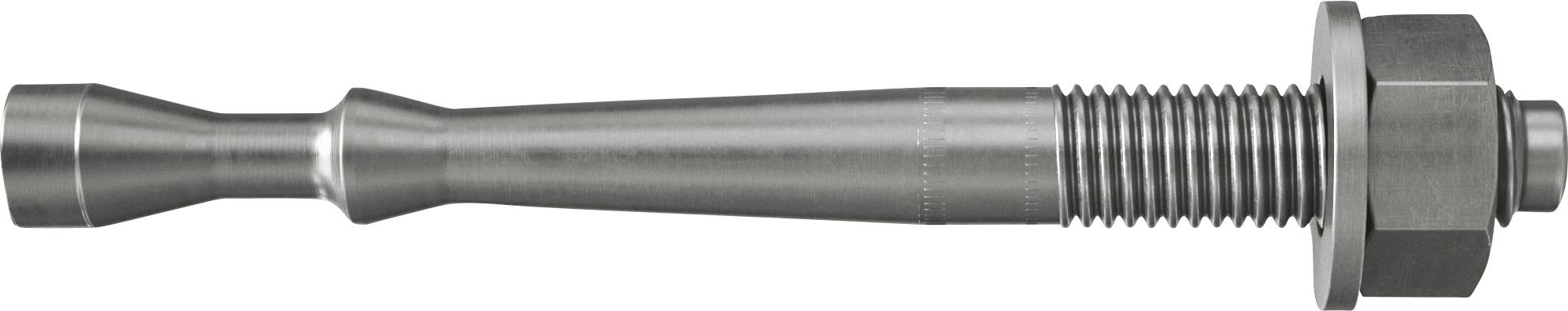 Ein Metallverankerungsbolzen mit konischem Kopf, gewindetem Ende, Unterlegscheibe und Sechskantmutter auf weißem Hintergrund.