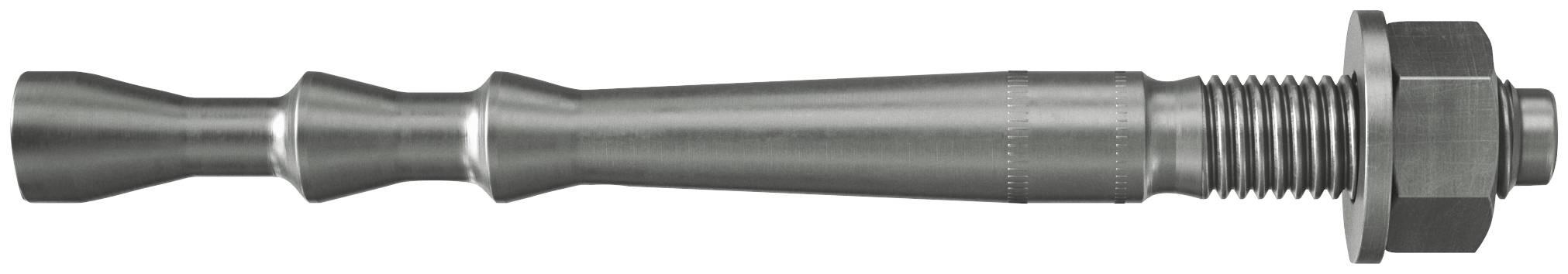Ein metallischer Bolzen oder Gewindebefestiger mit einer Sechskantmutter und einer Unterlegscheibe, horizontal auf weißem Hintergrund abgebildet.