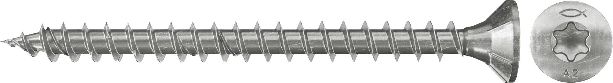 Eine lange Silberschraube mit flachem Kopf, dargestellt neben einem Torx-Antrieb-Symbol, das den Schraubentyp anzeigt.