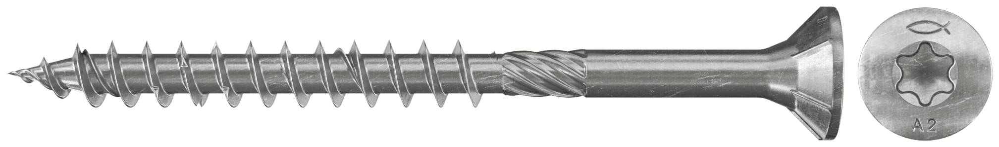 Silberne Torx-Kopf-Holzschraube in Seitenansicht mit Gewinde-Schaft und Senkkopf; eine kleine Draufsicht des Torx-Antriebs erscheint rechts.