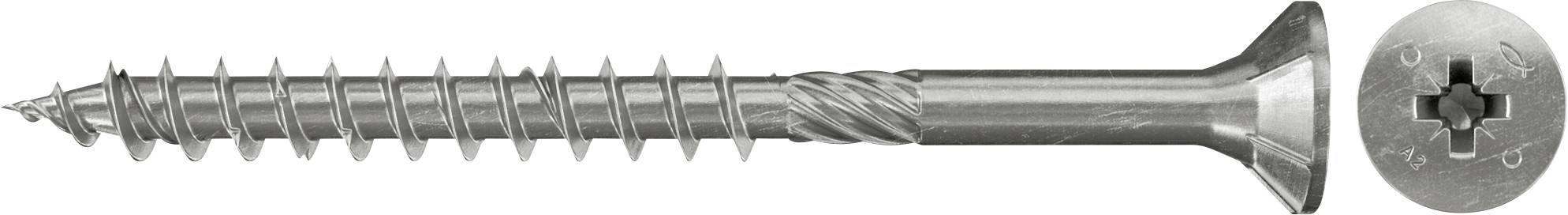 Eine Metallschraube mit versenktem Flachkopf und Kreuzschlitz-Antrieb, gezeigt in Seitenansicht mit einer Nahaufnahme des Kopfes.