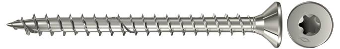 Metallschraube mit versenktem Torx-Kopf in Seitenansicht, mit einer Nahaufnahme des Antriebskopfes auf der rechten Seite.