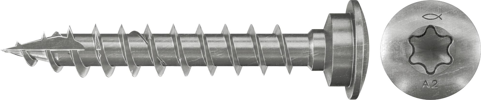 Metallschraube mit spitzer Spitze und breitem Kopf, Seitenansicht dargestellt, plus Nahaufnahme der Torx-ähnlichen Antriebsausnehmung mit der Bezeichnung A2.