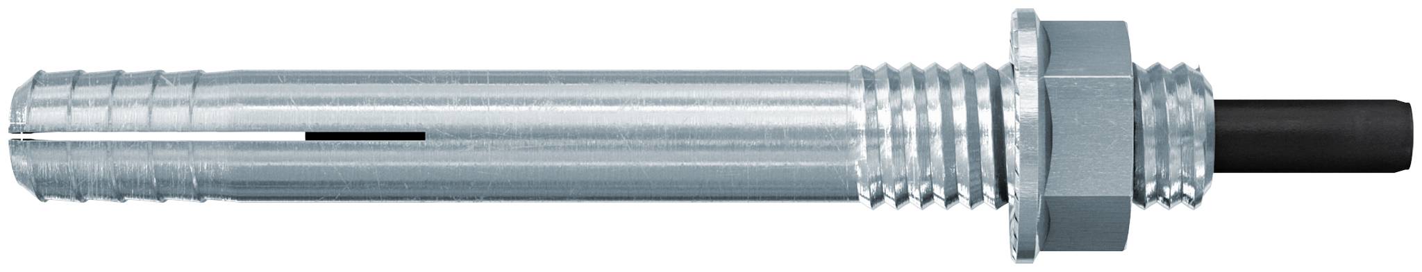 Metallischer Gewindebolt oder Anker mit einer Sechskantmutter und schwarzem Kabel, das aus dem rechten Ende auf weißem Hintergrund hervorragt