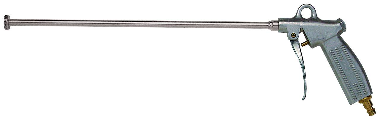 Eine lange Metallspritzpistole mit Pistolengriff, Abzug und Schlauchverschraubung, dargestellt auf weißem Hintergrund.