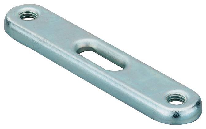 Metallmontageplatte mit zwei Gewindelochlöchern an den Enden und einem zentralen Schlitz, dargestellt auf weißem Hintergrund.