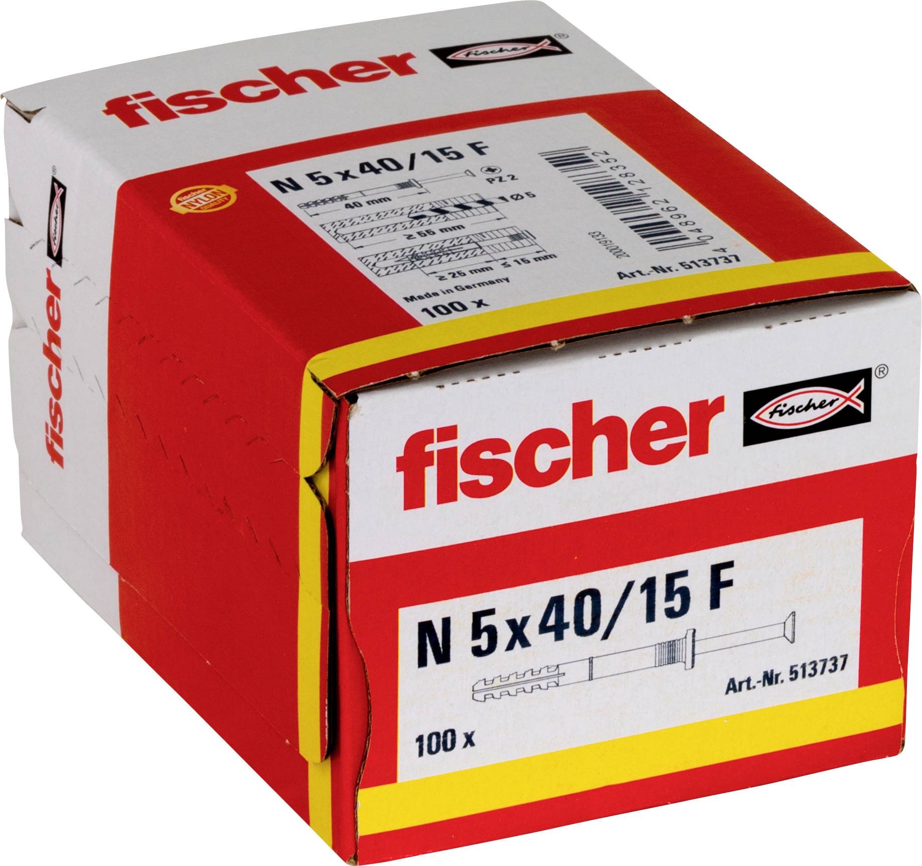 Ein rot-weißer Fischer-Karton mit Wanddübeln, beschriftet mit „N 5x40/15 F