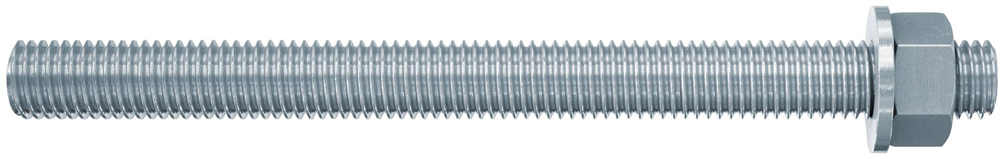 Ein langer Gewindestift oder eine Gewindestange aus Metall mit einer Mutter und einer Unterlegscheibe am rechten Ende, horizontal auf weißem Hintergrund dargestellt.