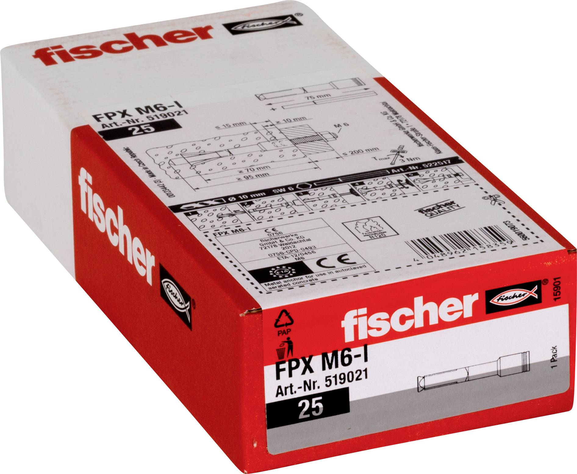 Fischer FPX M6- Installationsankerbox, gekennzeichnet mit Produktdetails, Diagrammen und Menge 25.